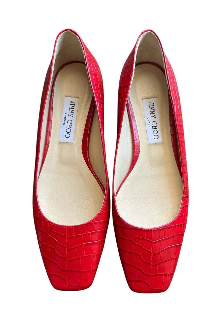 Jimmy Choo Red Mirele Leather Flats 39 Croc Lipstick Square Toe Embossed Ballet